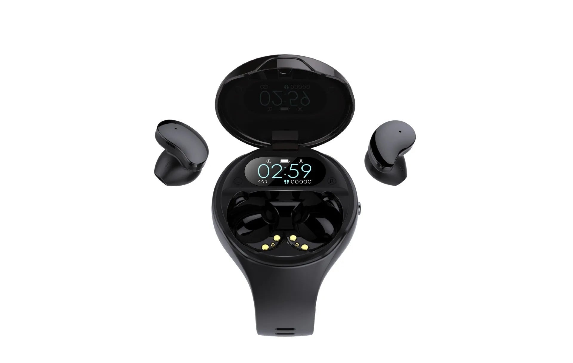 Black smart bracelet with detachable TWS Bluetooth earphones showing colour screen display