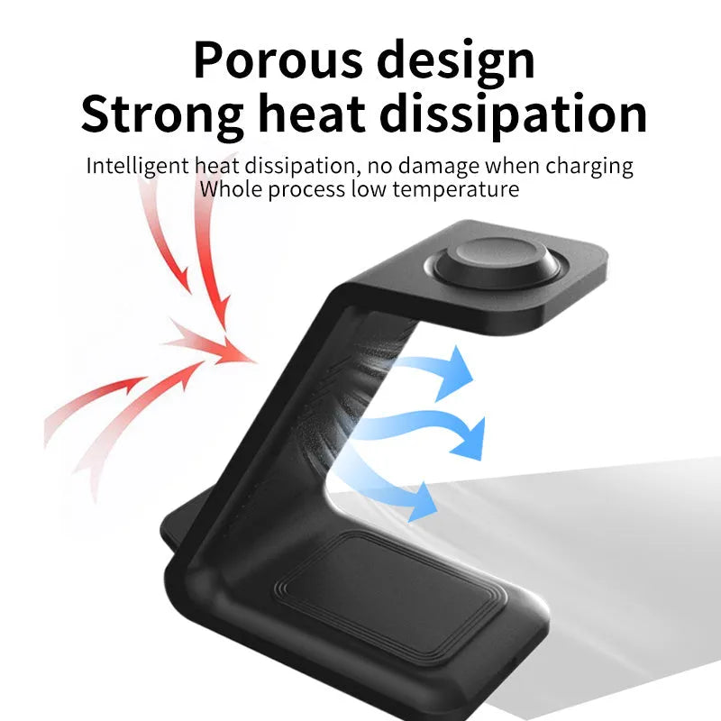 White 3-in-1 wireless charging stand holding a mobile phone upright next to wireless earbuds on its base.