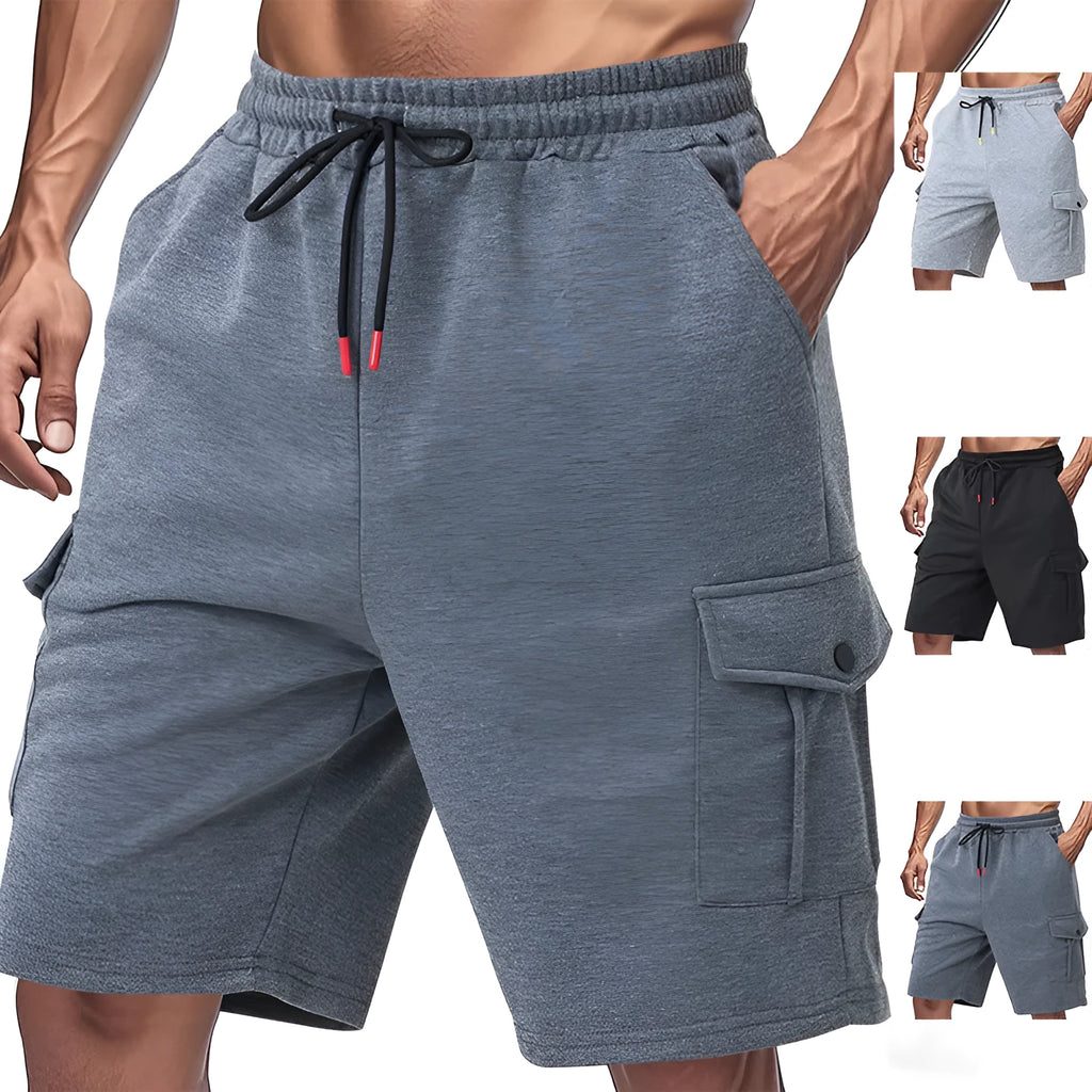 Light grey loose-fit cargo shorts made from soft terry fabric, showing multiple pockets.