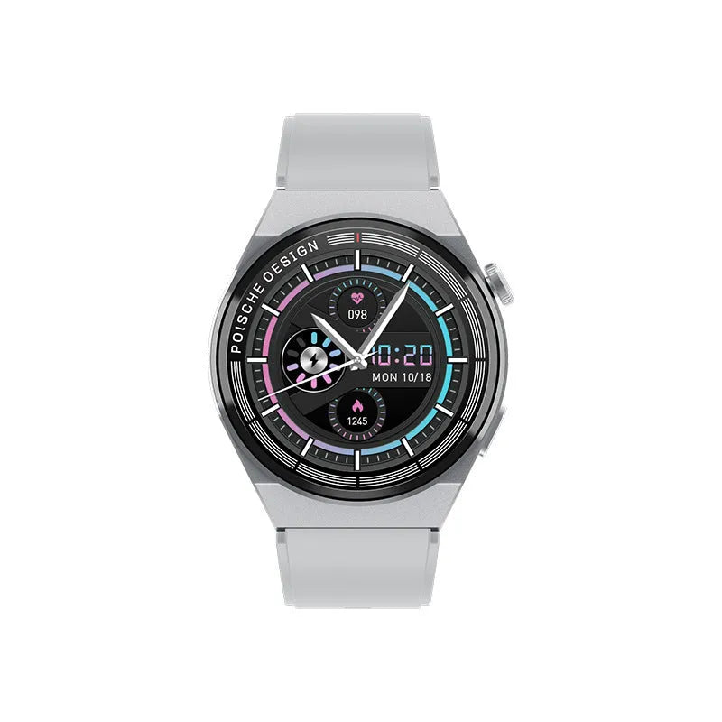 A circular black smartwatch with a silicone strap displaying a home screen on its 1.39-inch tempered glass display.