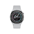 A circular black smartwatch with a silicone strap displaying a home screen on its 1.39-inch tempered glass display.