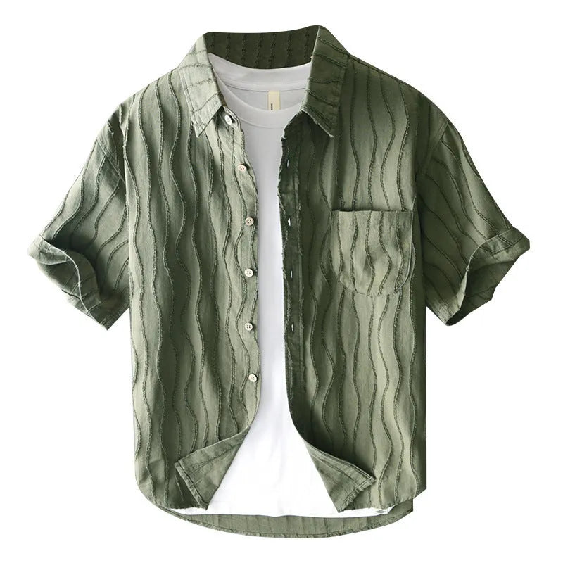 Men's apricot pure cotton loose fit casual short sleeve shirt on a hanger