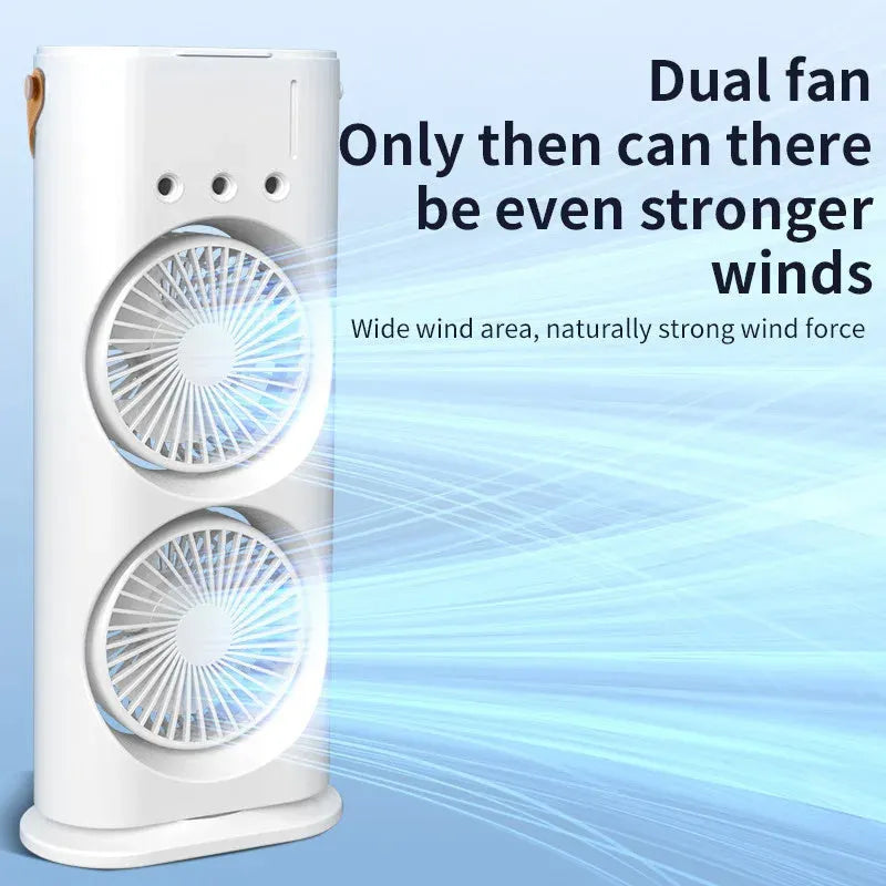 White portable humidifier fan with double heads, remote control, and USB cable