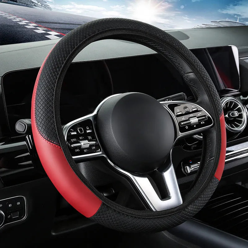 Elastic rimless leather car steering wheel cover, sports style, 38cm fit, shown in colour options