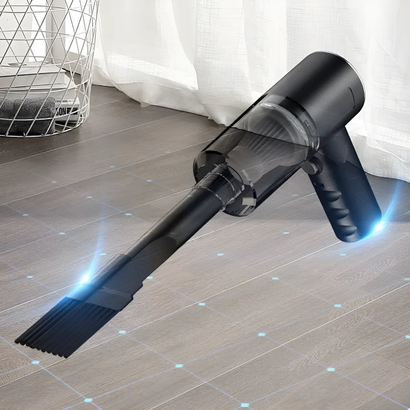 Black handheld cordless car vacuum cleaner with USB charging port