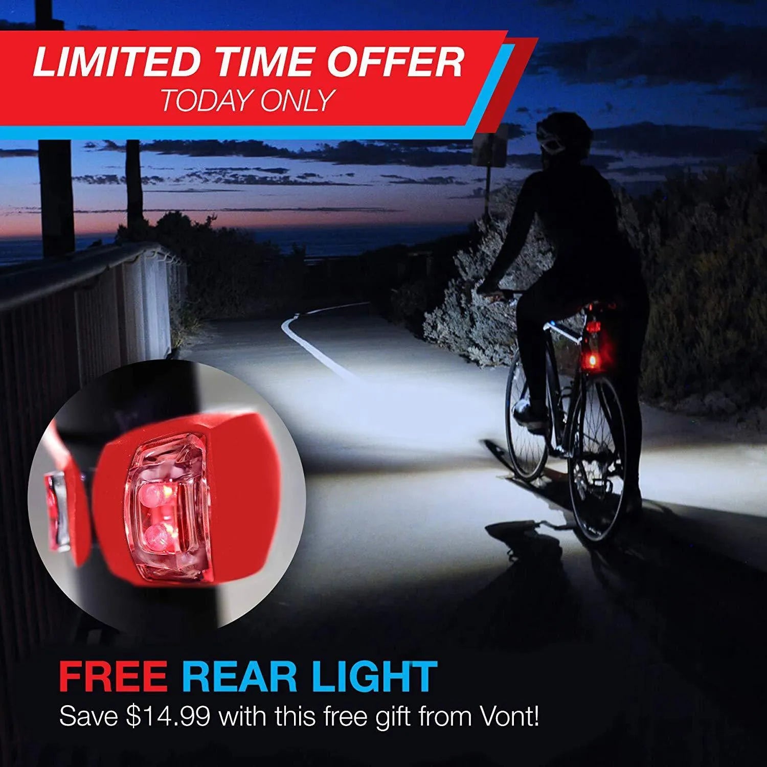 Bicycle front flashlight mounted on handlebar with bracket and separate red LED taillight for cycling safety.