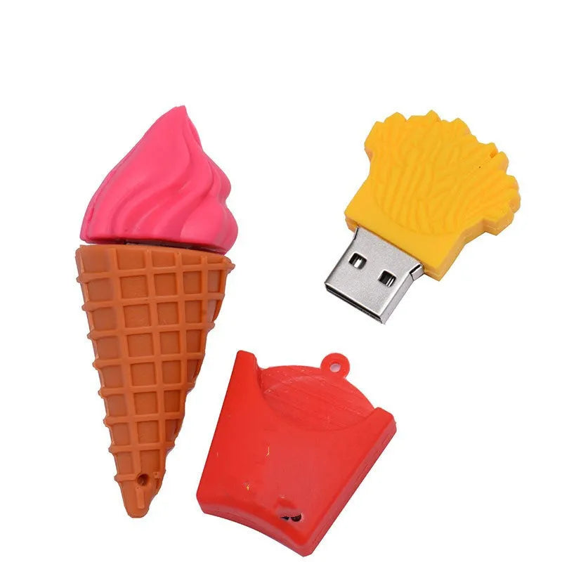 Miniature pink ice cream cone shaped USB flash drive on a white background.