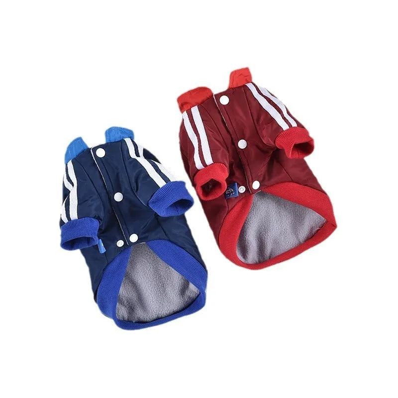 Red and blue V-neck thick cotton dog coat for pets on a size chart background