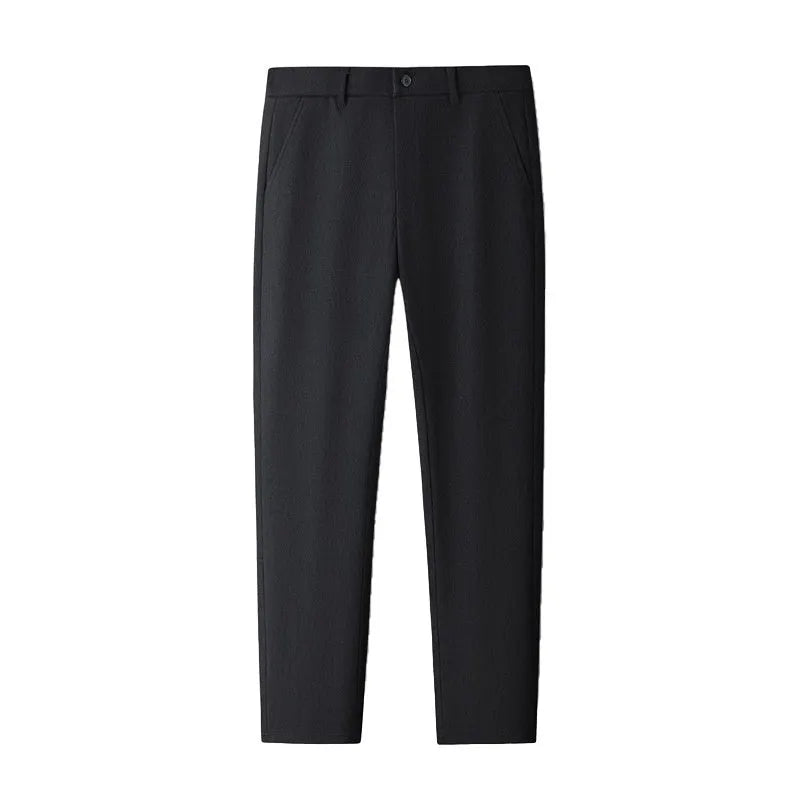 Men's fleece-lined thickened casual trousers, mid waist, zipper fly, black or navy blue, sizes 29-40