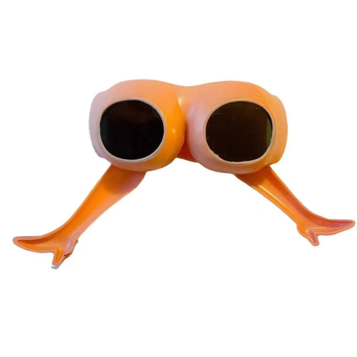 Orange novelty sunglasses with sculpted plastic leg attachments wrapped around head model.