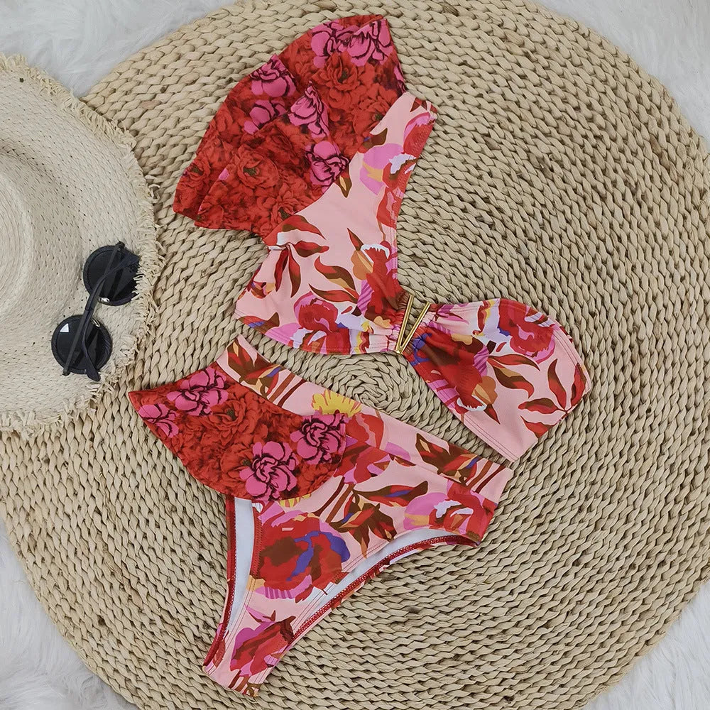Pink and red floral print one-shoulder ruffled bikini with high-waist briefs.