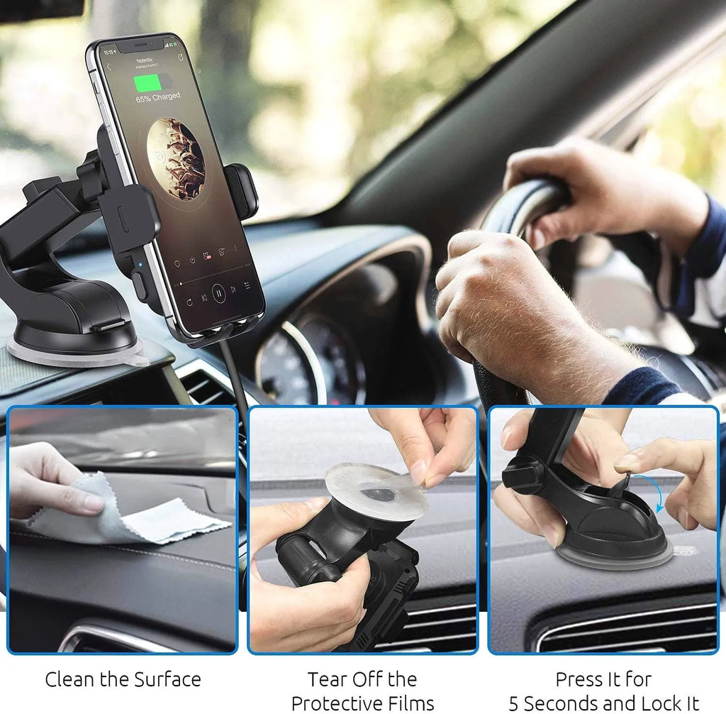 Black car wireless charging stand with 15W fast charging and multiple mounting options