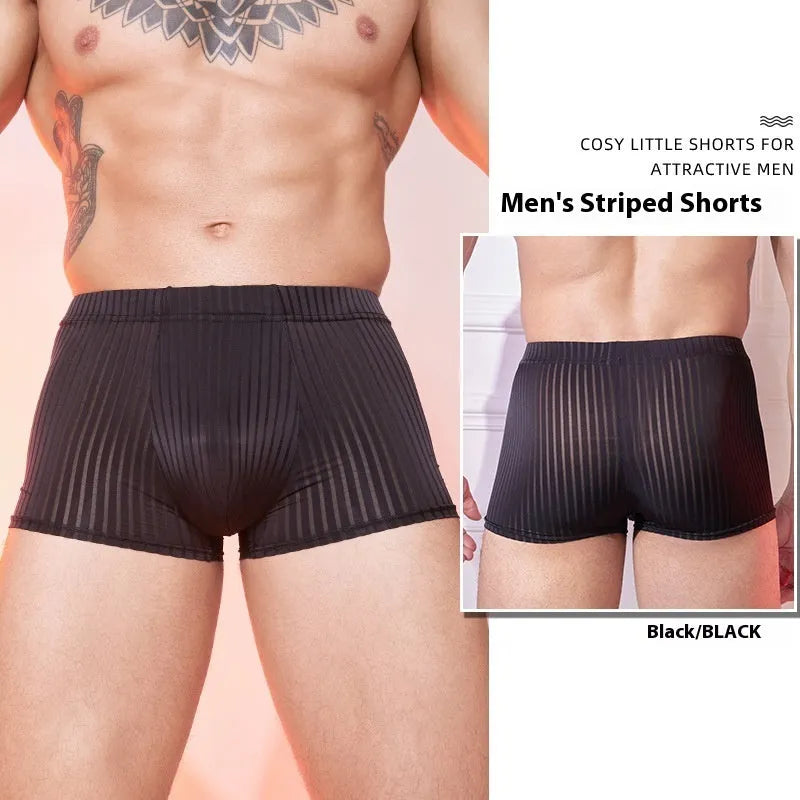 Men's striped underwear in thin transparent nylon fabric, shown in black, white, and dark grey colours.