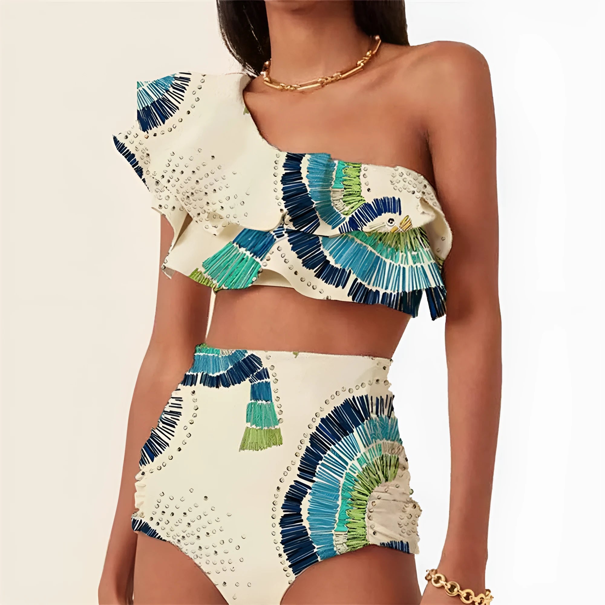 White women's one-shoulder bikini with large lotus leaf detail and split-leg design.