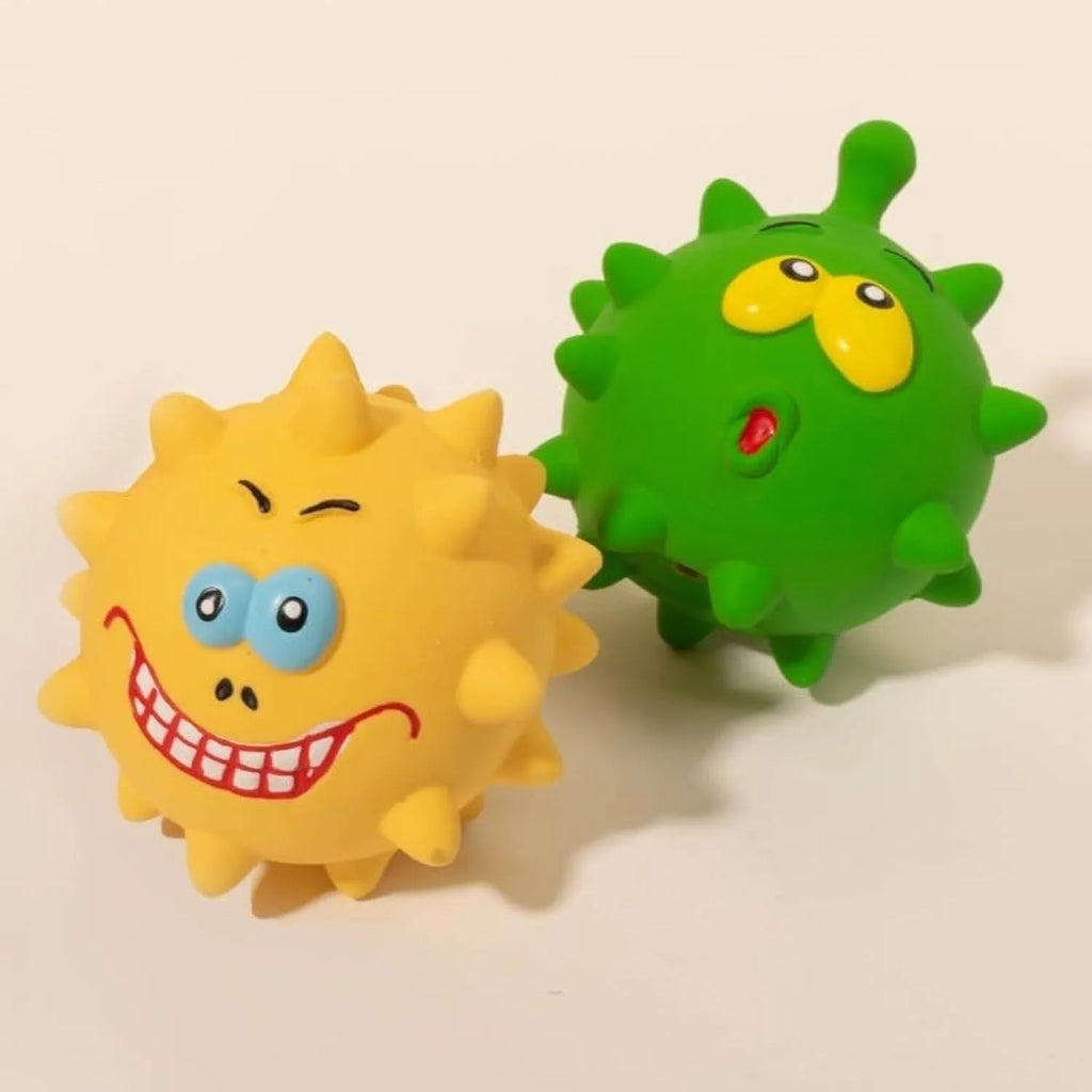 Set of four colourful latex squeaky dog balls with cute faces, each measuring 7.5cm.