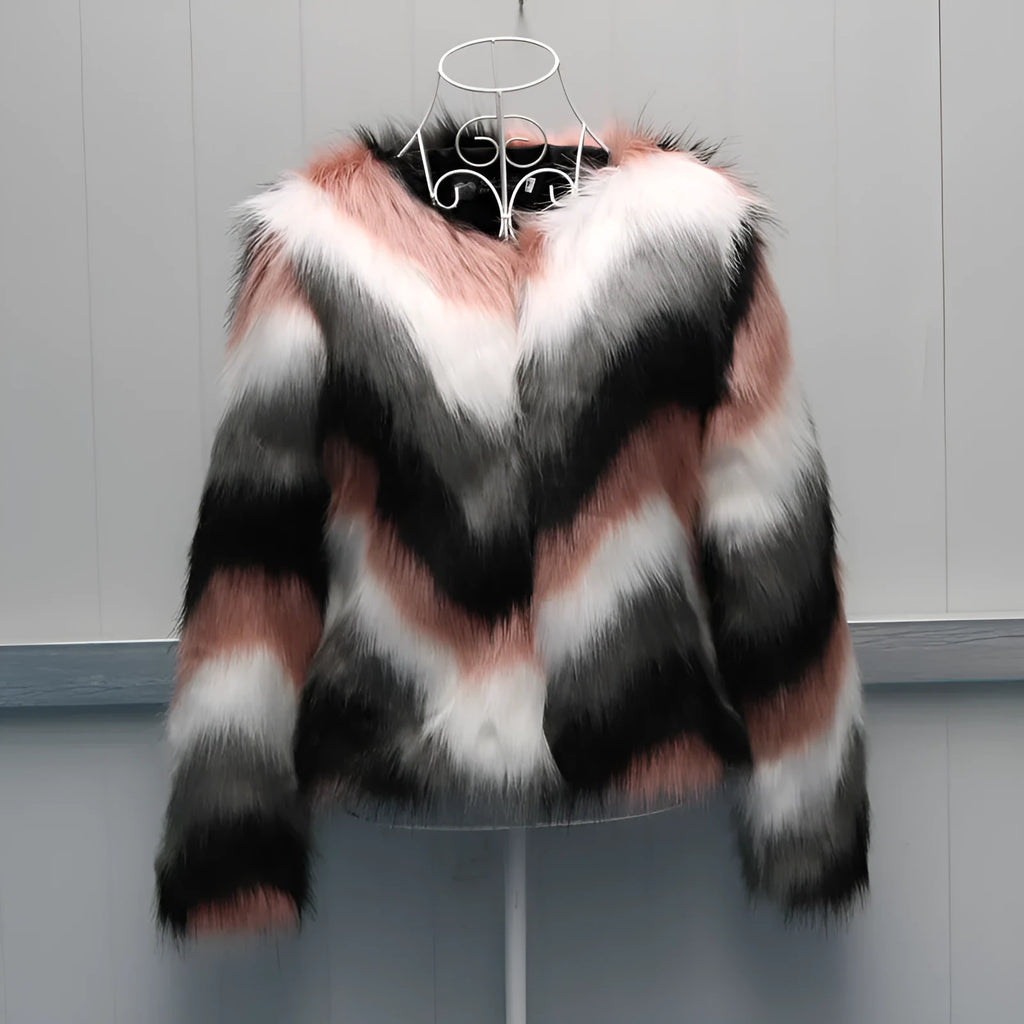 Korean style women's faux fur short coat with O-neck and long sleeves in picture colour.