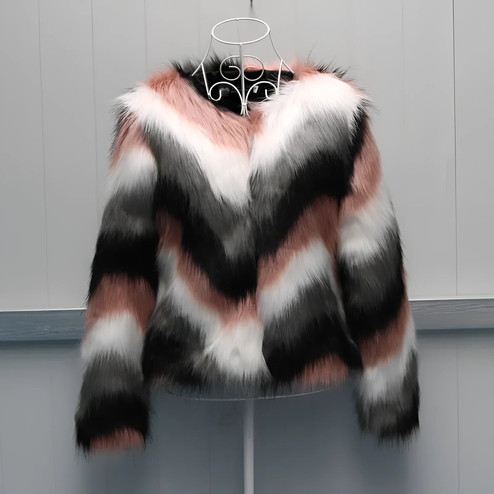 Korean style women's faux fur short coat with O-neck and long sleeves in picture colour.