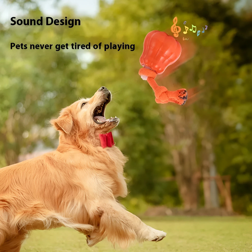 Automatic dog ball toy with sound, TPR plastic and cotton knot, USB powered, in orange, brown, and white