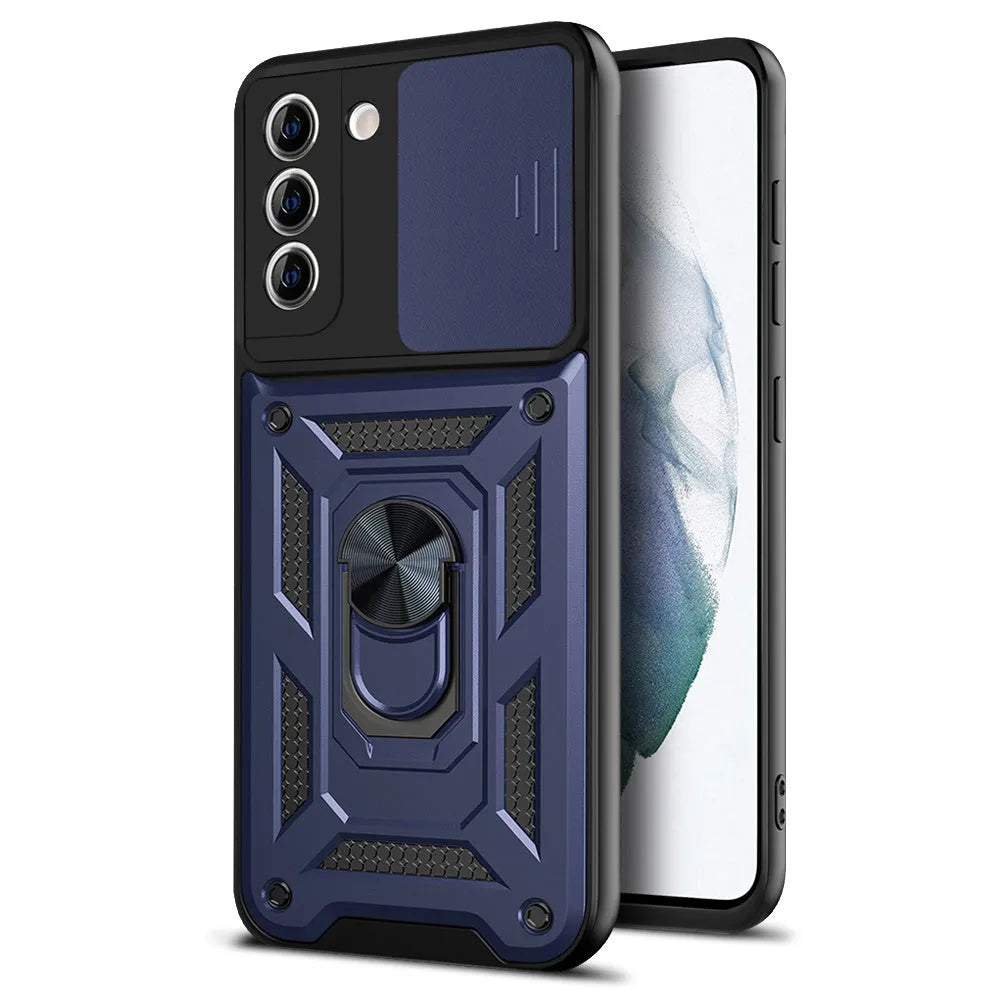 Sergeant Push Window Bracket Ring Phone Case for Samsung in Black, TPU+PC back cover with geometric design