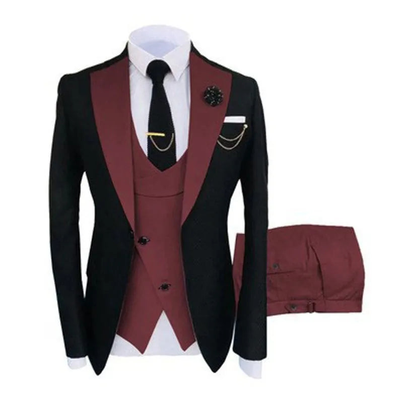 Men's slim fit cotton business three-piece suit including coat, vest, and trousers
