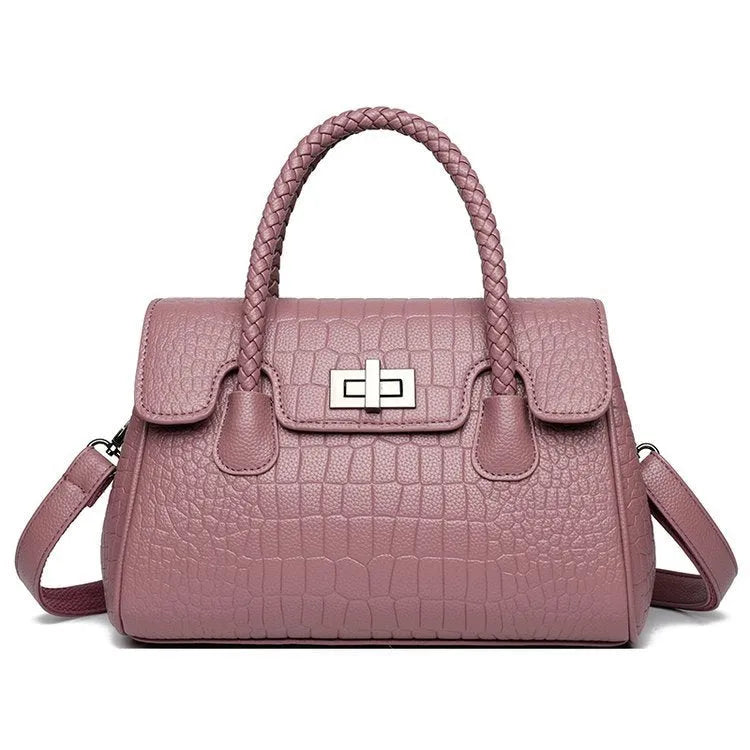 Women's PU handbag with stone pattern, horizontal square shape, available in six colours including red, purple, green, blue, black and grey.
