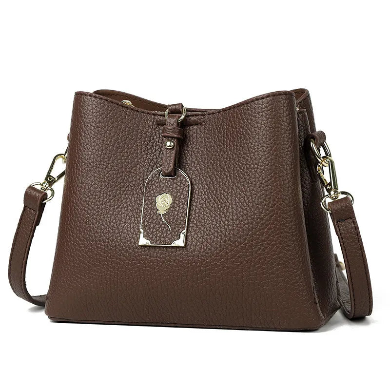 High-texture PU shoulder crossbody bag with sandwich pocket, 21x17x10cm, in brown, khaki, gray, apricot, and black