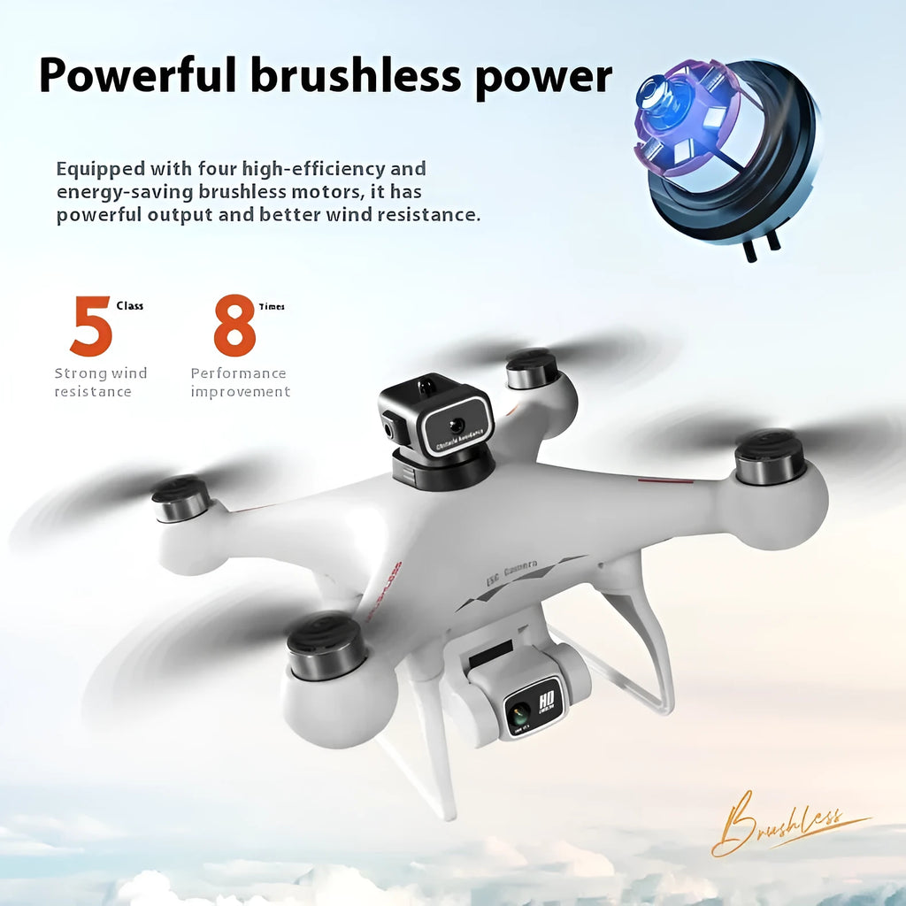 Black HD brushless UAV quadcopter with four-side obstacle avoidance and dual camera, under 30cm in size.