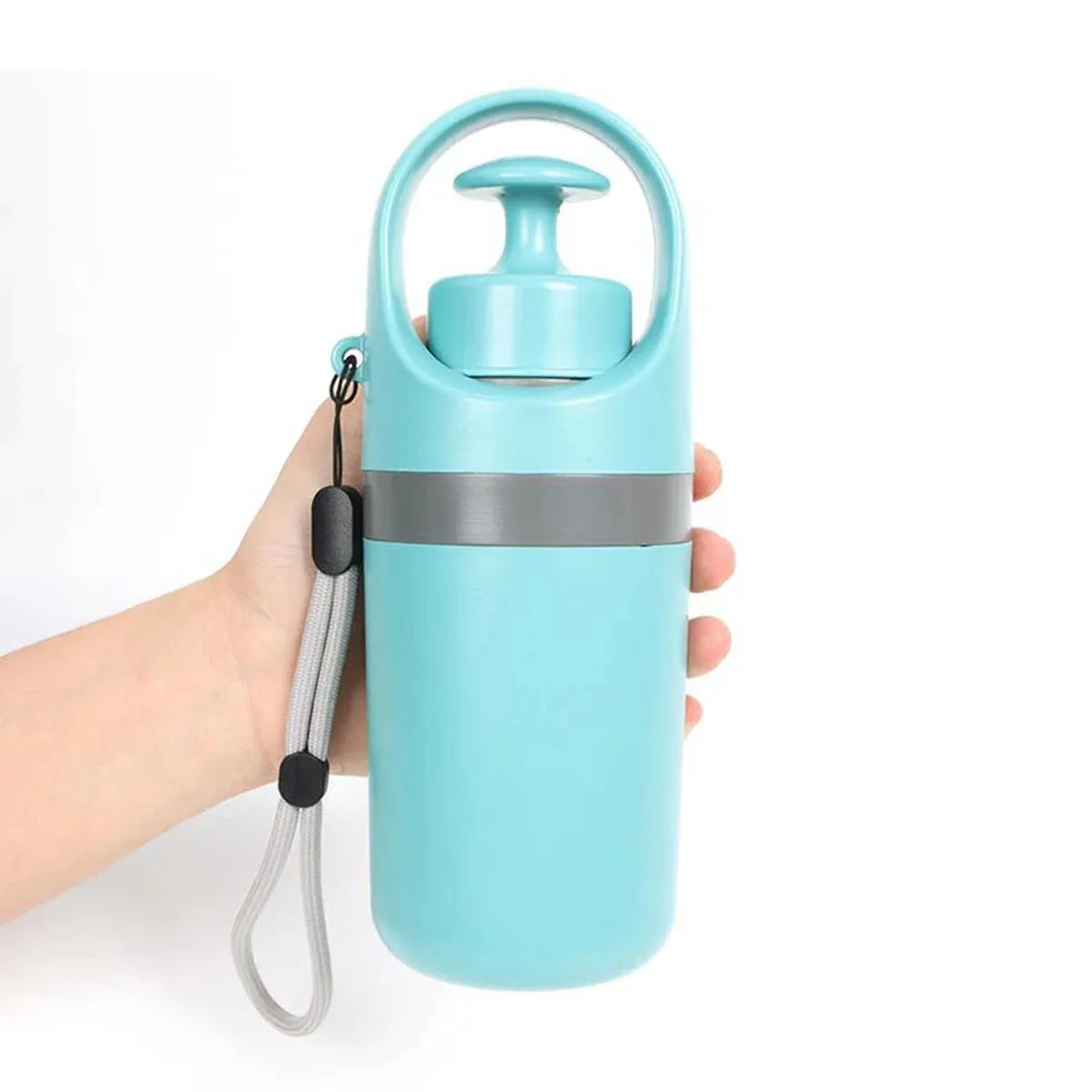 Blue portable pet pooper scooper with claw mechanism and built-in bag dispenser.