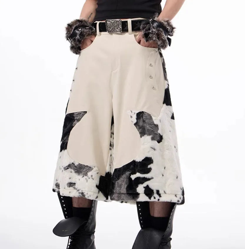 Milk fibre cropped trousers with stitching detail and fur trim in youthful trendy style