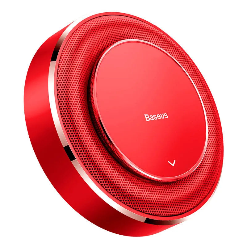 Round aluminium alloy car fragrance diffuser in black, red, and silver colours with four tablets.