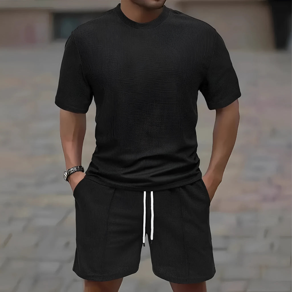 Men's waffle texture short sleeve blouse and pants summer set in polyester fibre