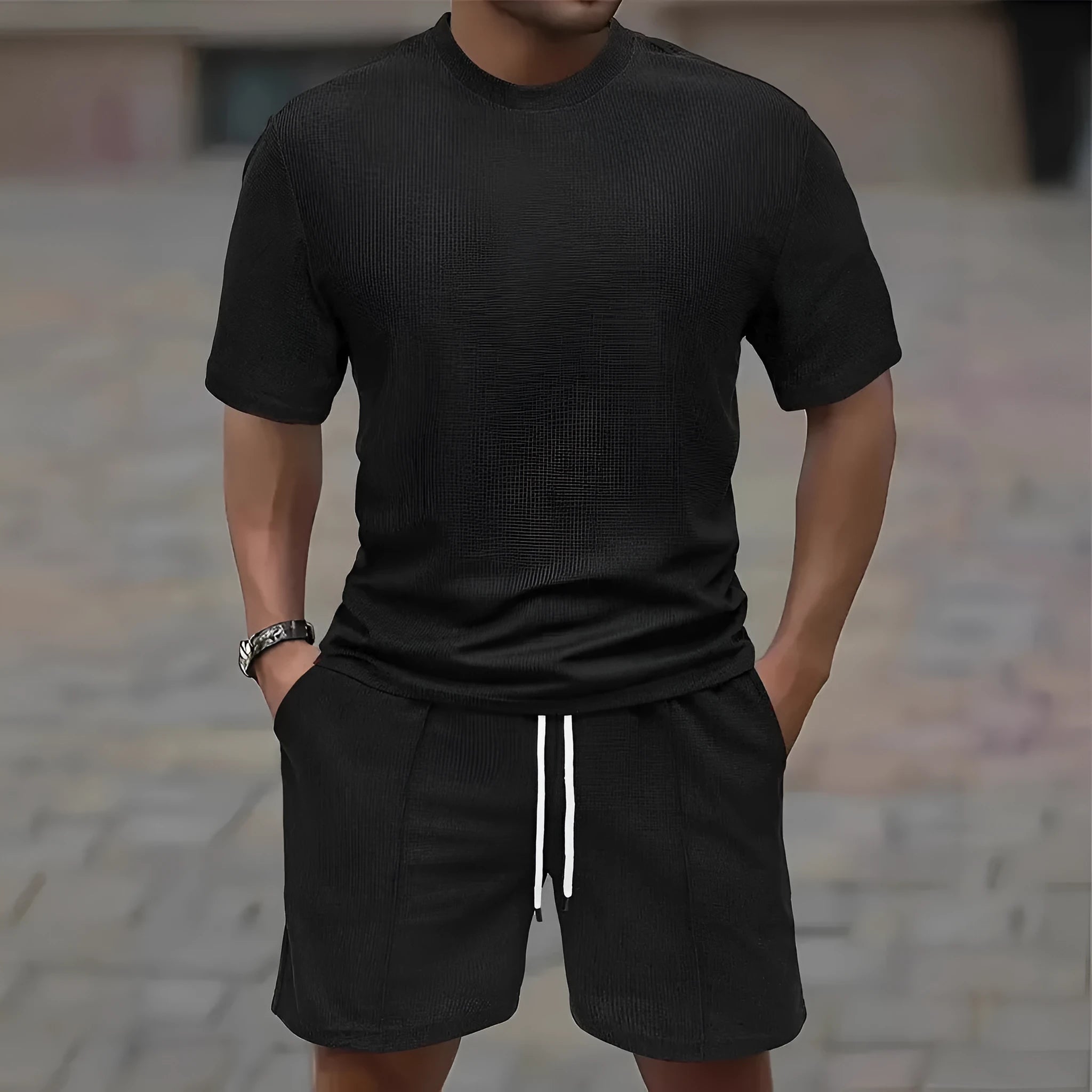 Men's waffle texture short sleeve blouse and pants summer set in polyester fibre