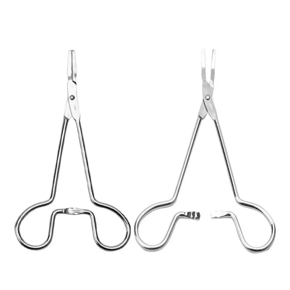Silver stainless steel pet ear tweezers with anti-slip handle and curved tip for cats and dogs.