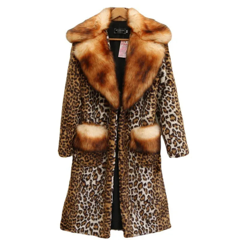 Long leopard print artificial fur jacket for women on a model.