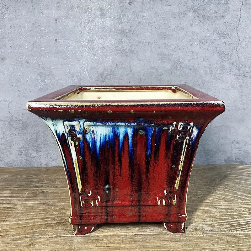 27cm square ceramic orchid pot with glazed retro red or white ice crack finish