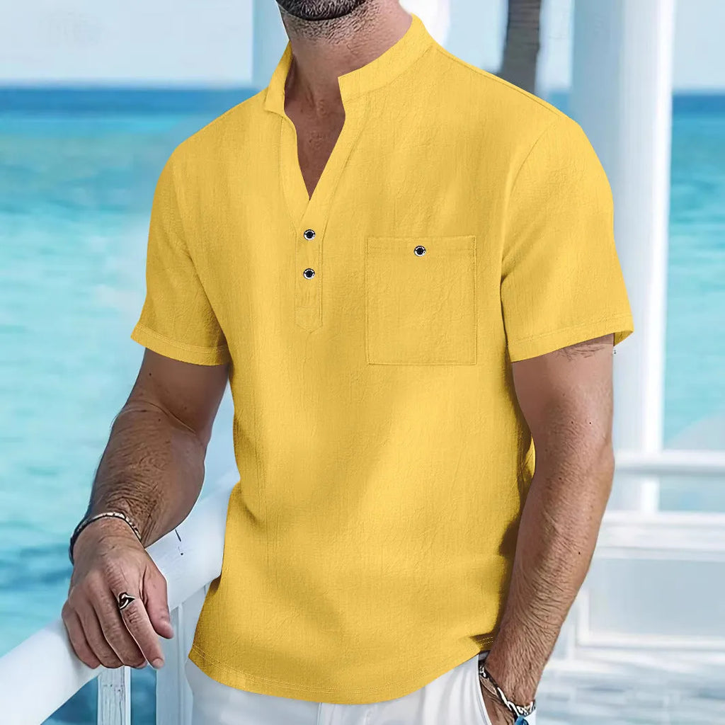 Men's loose fit stand collar t-shirt in linen blend fabric, shown in light blue colour.