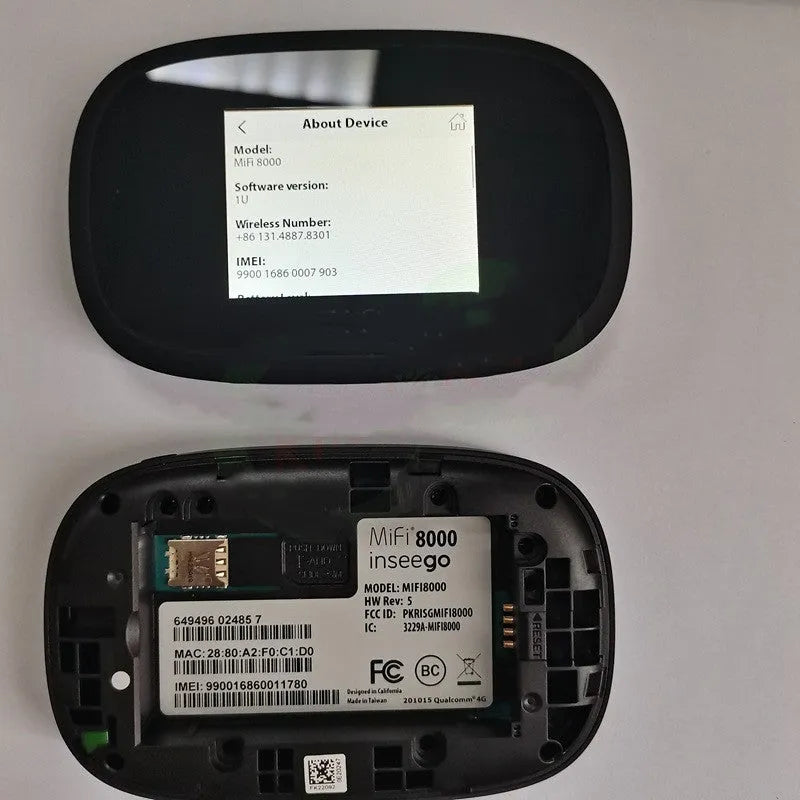 Black 4G portable WiFi router, model mifi8000, 10 × 20 × 3 cm, battery included