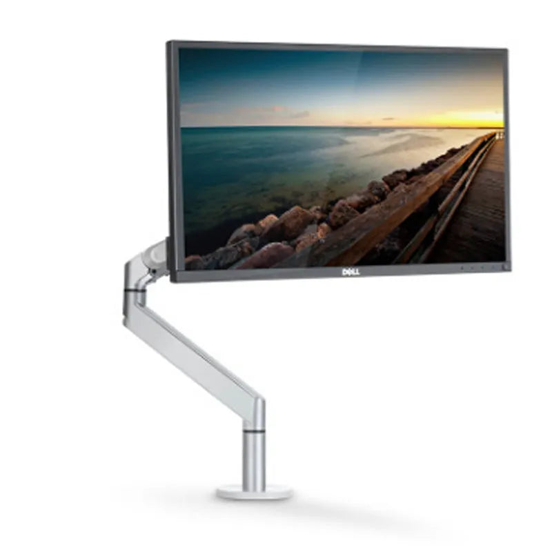 Aluminium alloy laptop stand with an adjustable air pressure arm in black colour on a wooden desk.