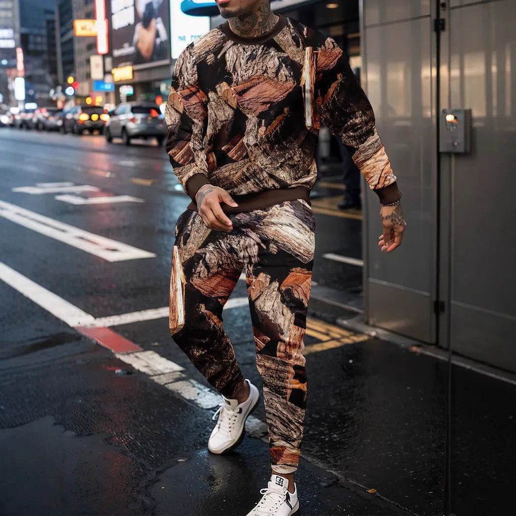 Men's round neck jungle camouflage long sleeve top and trousers sportswear set on model
