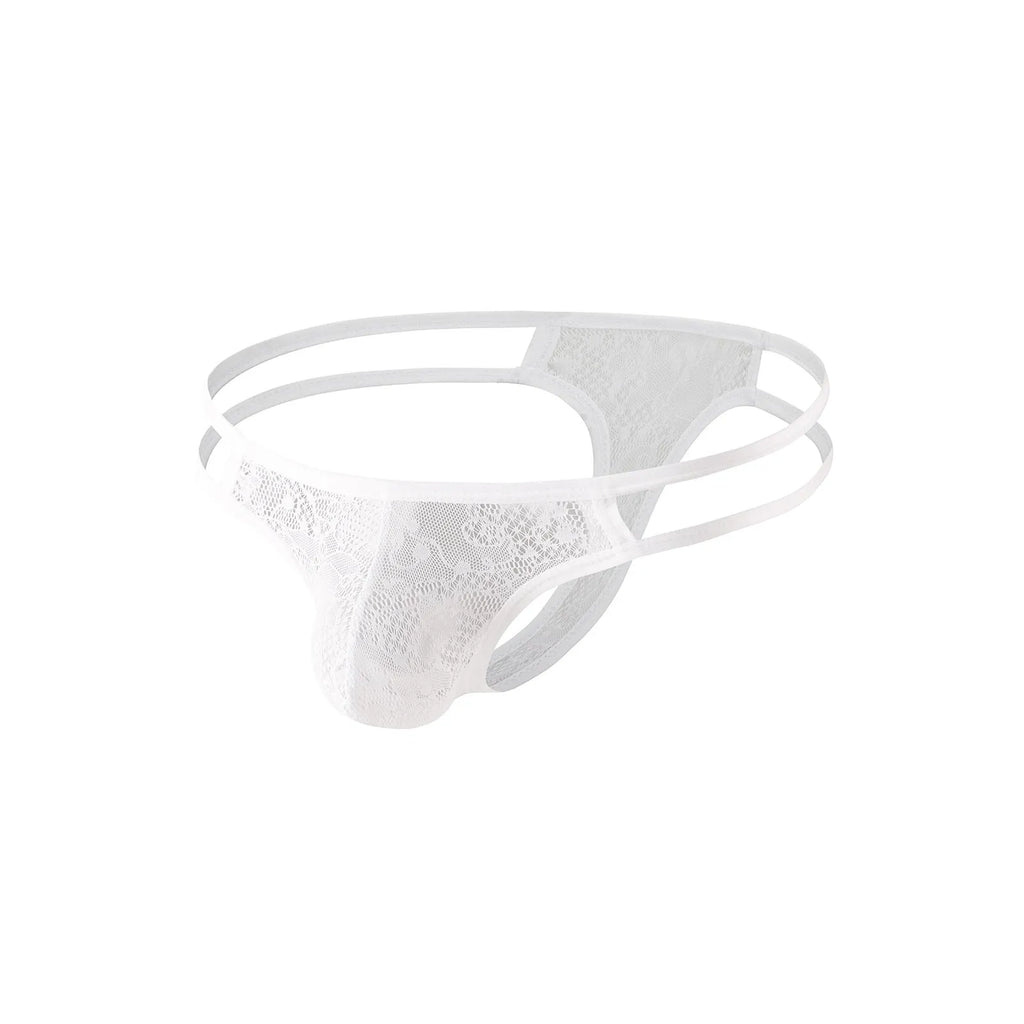Men's lace see through mesh hollow out underwear low waist belt in black, white, and beige polyester knit