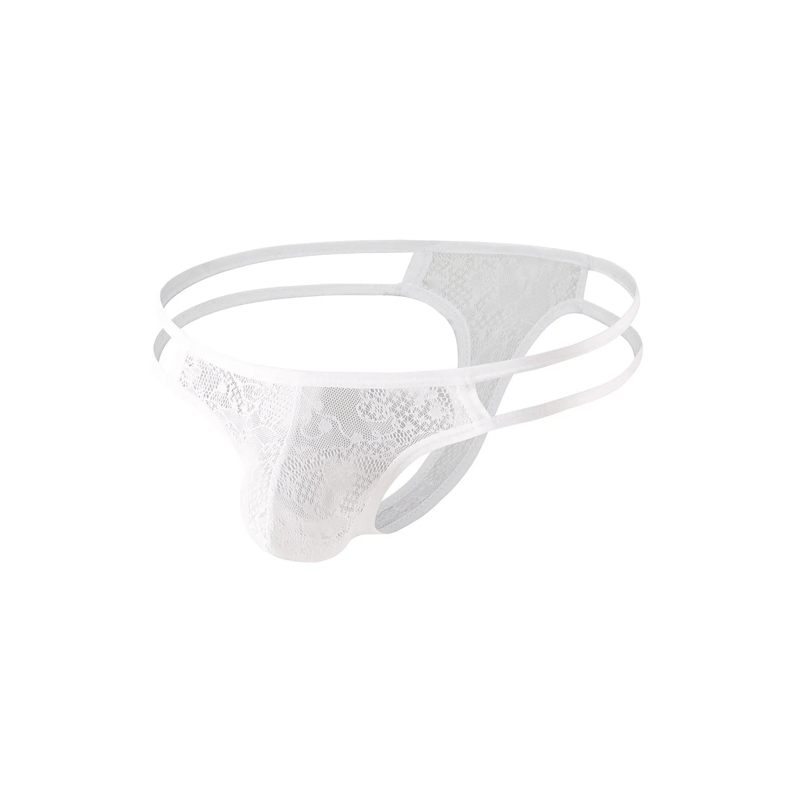 Men's lace see through mesh hollow out underwear low waist belt in black, white, and beige polyester knit