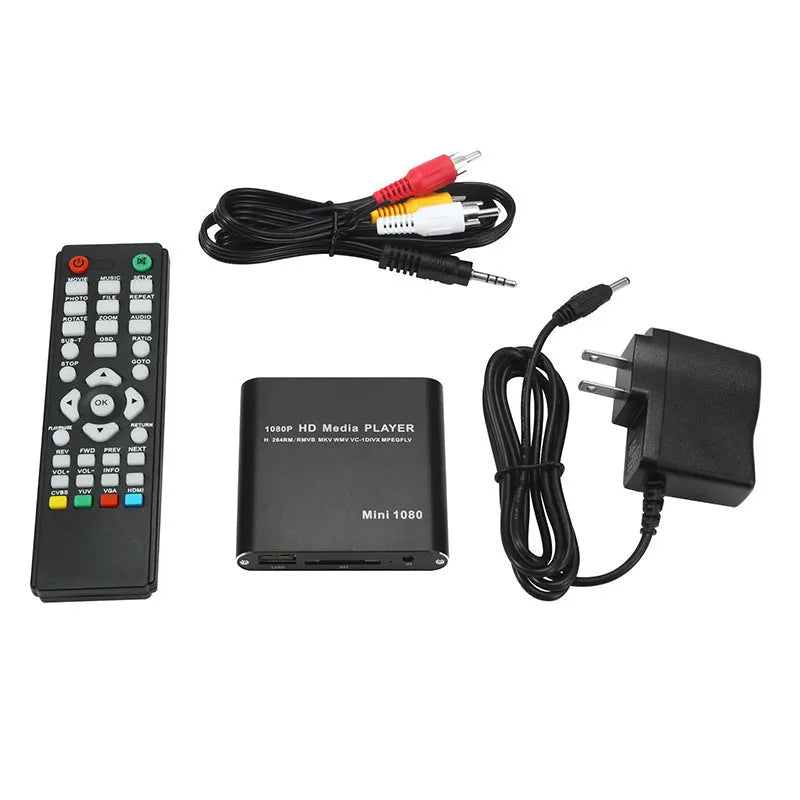 Compact black 1080P HDMI media player with USB and SD card slots