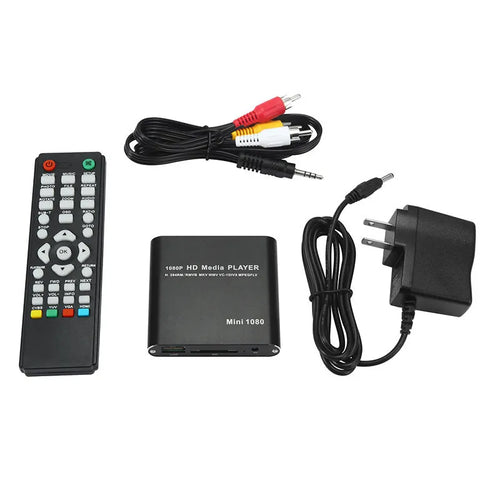 Compact black 1080P HDMI media player with USB and SD card slots