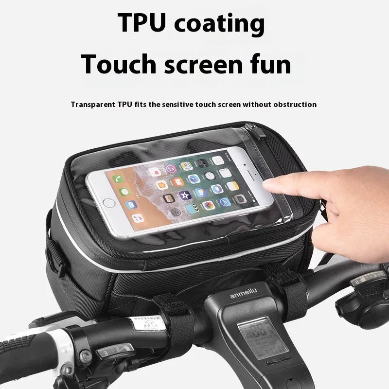 Black polyester bicycle handlebar bag with zippered closure mounted on bicycle