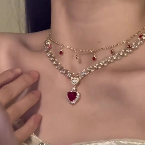 Red love heart pendant on twin layer alloy necklace with adjustable 41-50cm chain