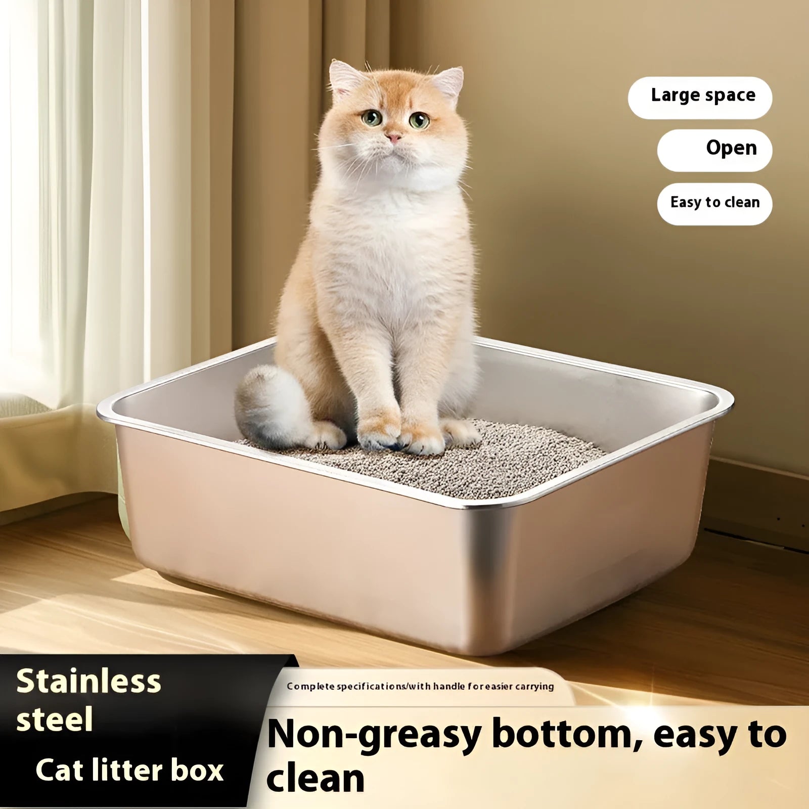 Large stainless steel litter box with anti-corrosion finish, 60x40x20cm size, on floor