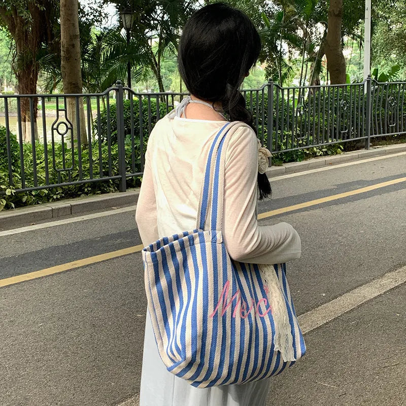 Blue striped letters printed canvas bag in pink blue and white stripes, cotton material construction