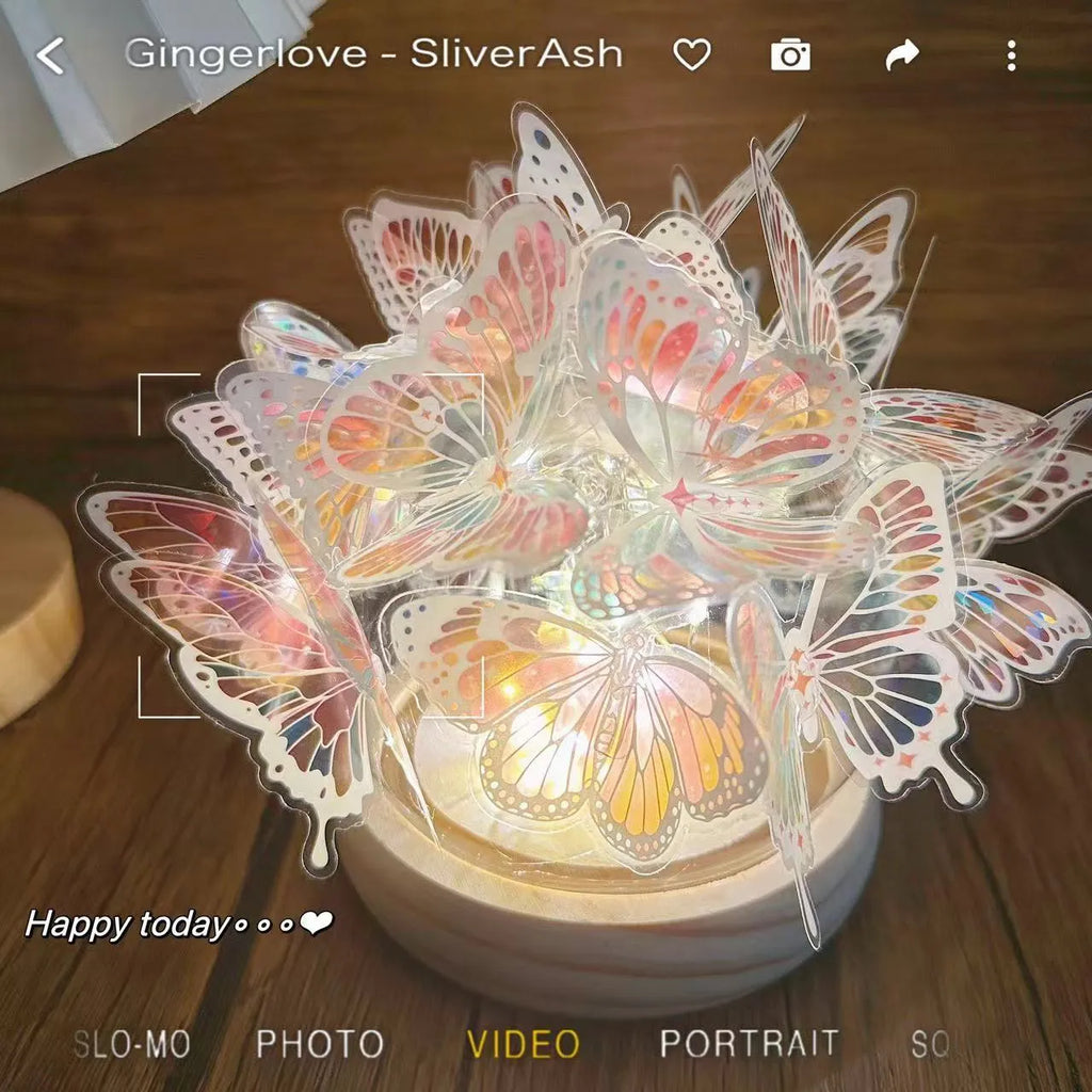 DIY butterfly night lamp kit with glass shade and raw wood base, 12x15cm size