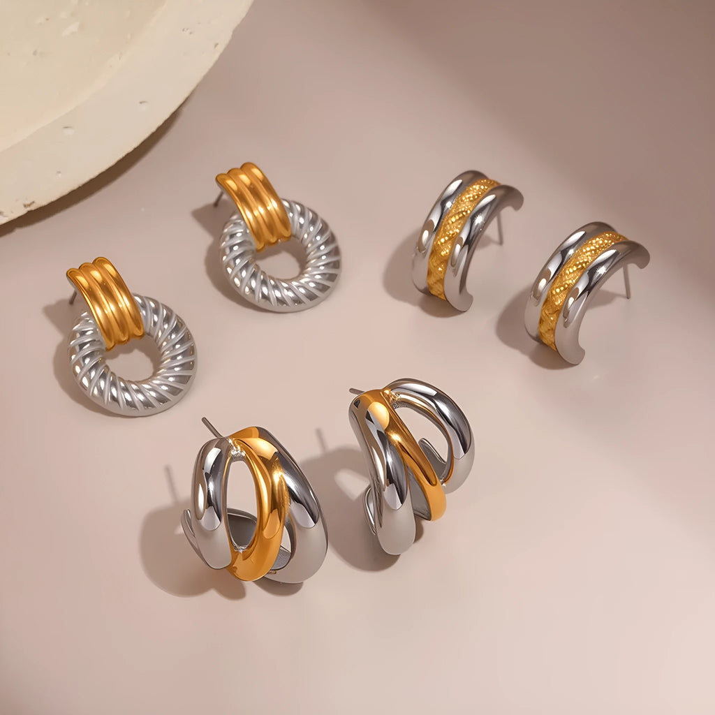 Stainless steel geometric earrings with 18K electroplating, gold and silver colour matching, one pair