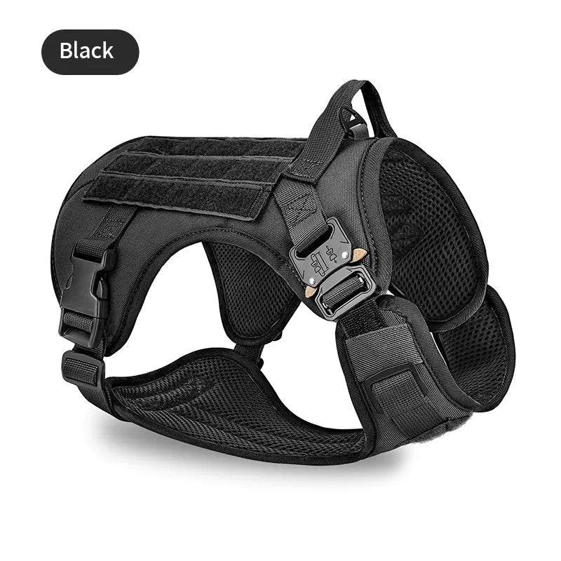 Large tactics camouflage dog harness with quick-release buckles and adjustable straps on a German Shepherd